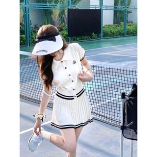 Set váy áo cardigan mùa hè polo dệt kim mix chân váy xếp ly kẻ sọc phong cách Hàn Quốc SP170