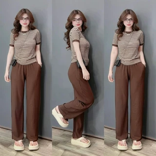 SET BỘ THUN GÂN TĂM LẠNH QUẦN DÀI ỐNG RỘNG KÈM ÁO CO GIÃN-SS85