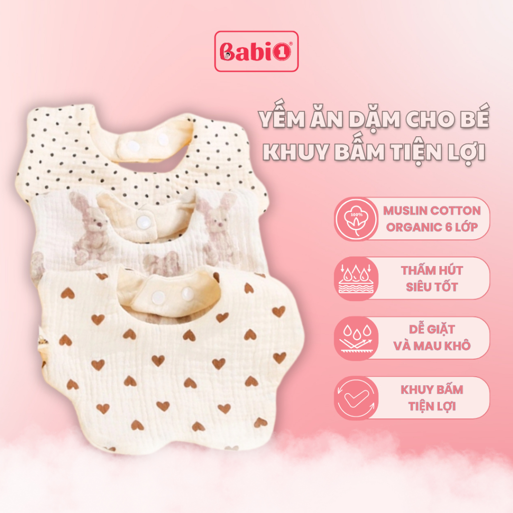 Yếm Ăn Dặm Cho Bé BABIONE Yếm Tròn Cho Bé Care Zelo 6 Lớp Muslin Cotton Tự Nhiên Khuy Bấm Tiện Lợi