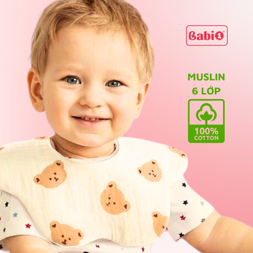 Yếm Ăn Dặm Cho Bé BABIONE Yếm Tròn Cho Bé Care Zelo 6 Lớp Muslin Cotton Tự Nhiên Khuy Bấm Tiện Lợi