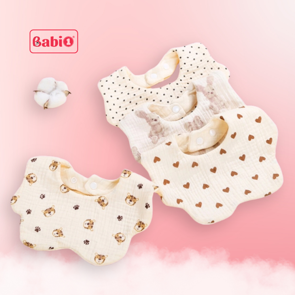 Yếm Ăn Dặm Cho Bé BABIONE Yếm Tròn Cho Bé Care Zelo 6 Lớp Muslin Cotton Tự Nhiên Khuy Bấm Tiện Lợi