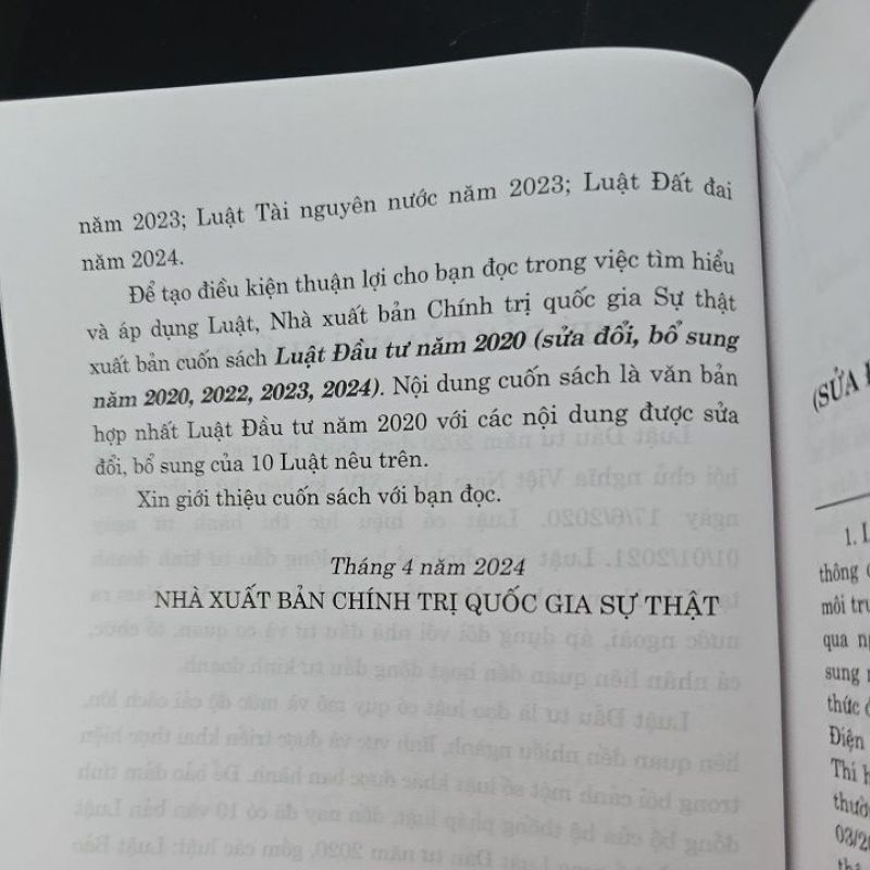 Ảnh Sách - Luật đầu tư năm 2020 (sửa đổi, bổ sung năm 2020, 2022, 2023, 2024)  (NXB Chính trị quốc gia Sự thật) 2