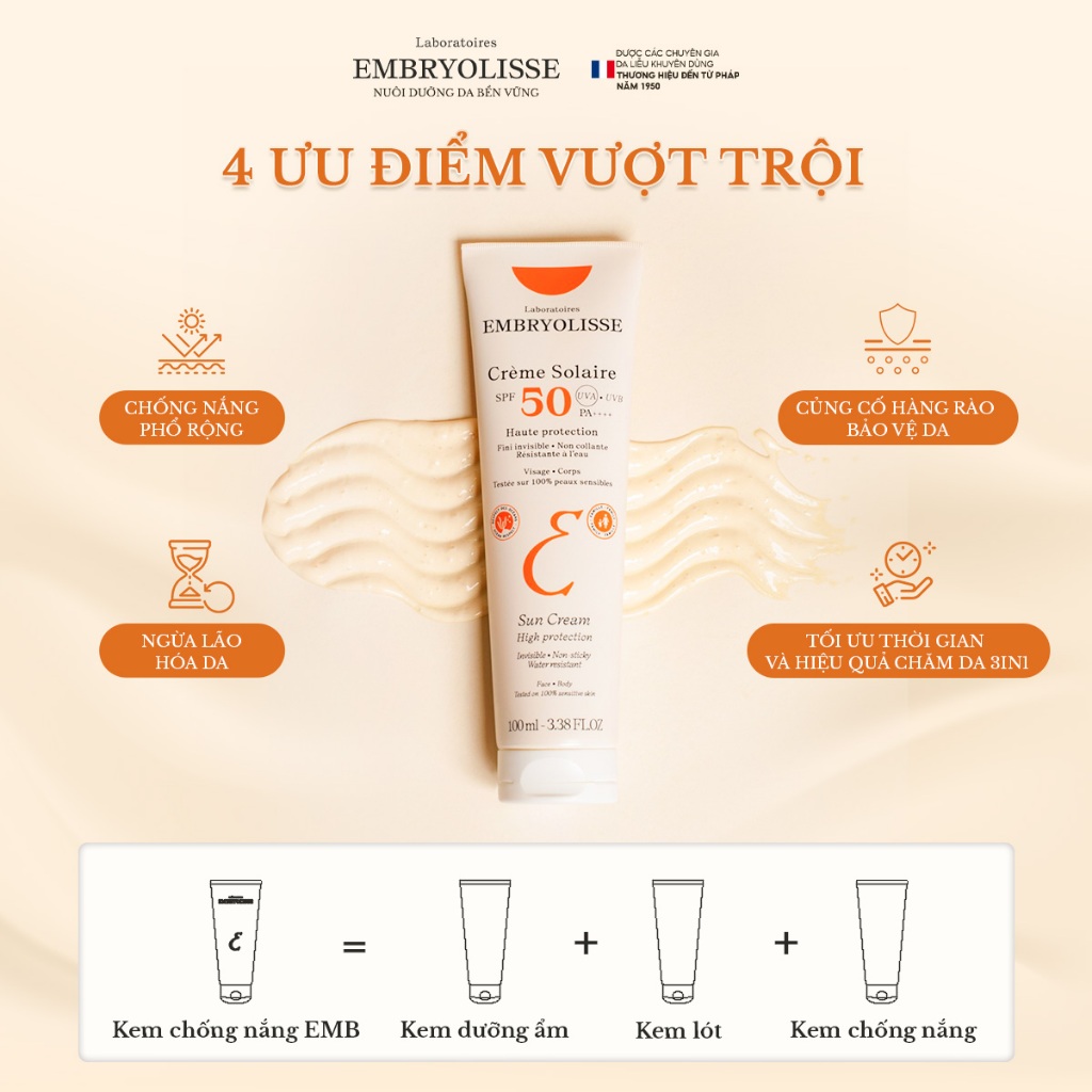 Ảnh Kem Chống Nắng Hữu Cơ Thế Hệ Mới - Chống UV Phổ Rộng Và Ngăn Ngừa Lão Hóa Embryolisse Dành Cho Da Khô, Nhạy Cảm 100ml 4