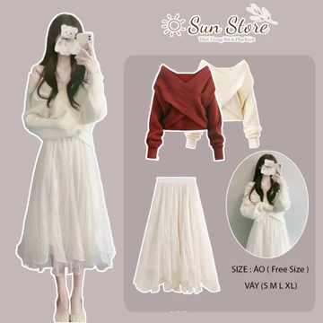 Set áo len và chân váy,áo len croptop vạt chèo chất len QC cao cấp dày và chân váy voan lụa 2 lớp cạp chun