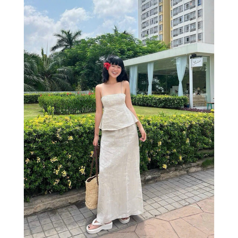 SET ÁO 2 DÂY KEM LINEN XƯỢC ĐỐM + CHÂN VÁY SUÔNG KEM MIDI
