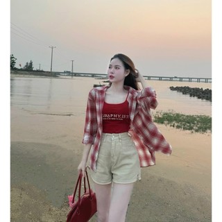 Set bộ 3 món áo kate lót gân quần kaki thời trang nữ trẻ trung năng động áo 2 dây in chữ kèm khoác dài tay