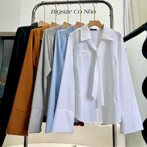 Áo Sơ Mi Kẻ Tay Dài Nữ Bigsize 50 -95kg Vải Lụa Chéo Lên Phom Dễ Thương Phong Cách SM168