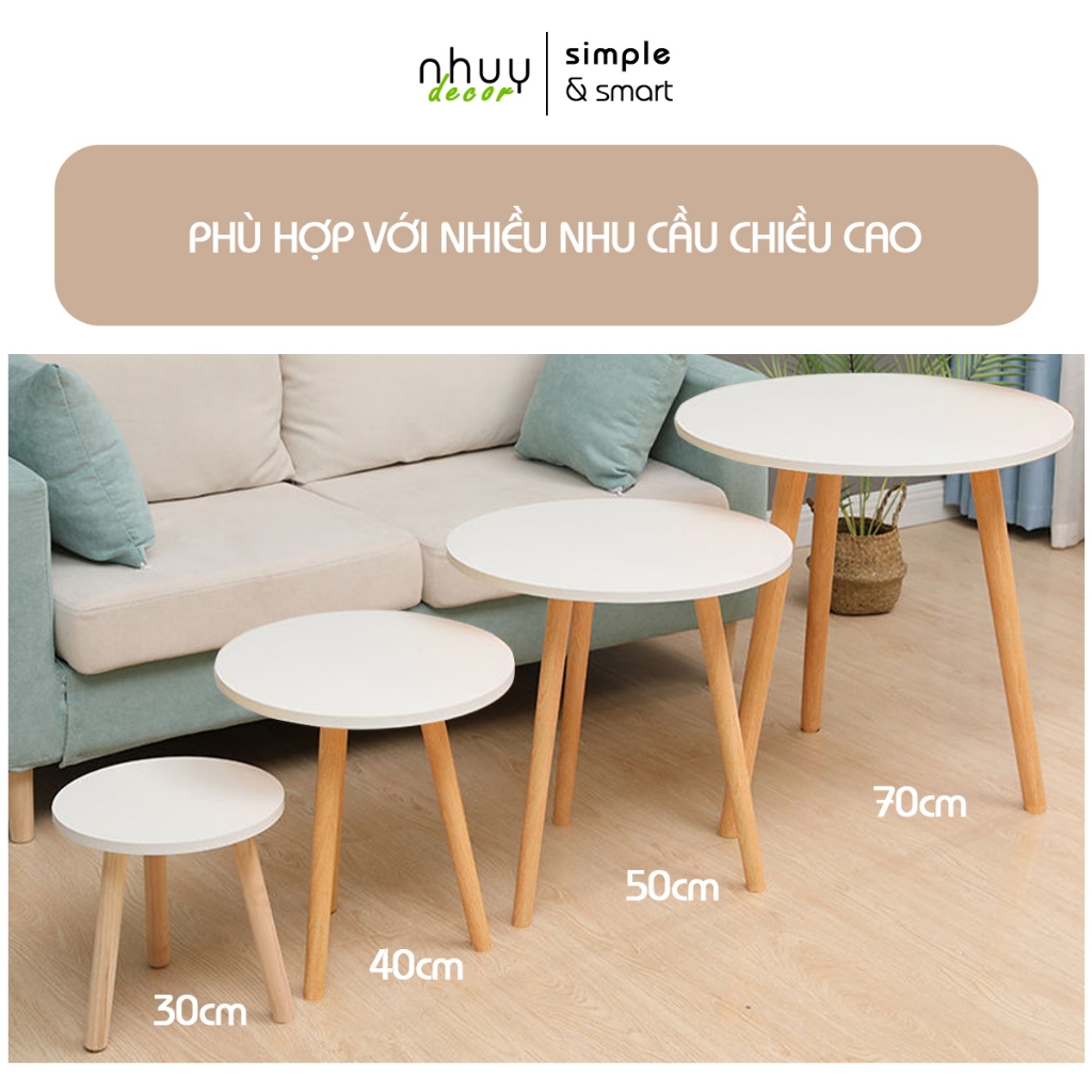 Bàn tròn sofa NHUYDECOR chiều cao chân linh hoạt, bàn trà chân gỗ cao 70cm phong cách Bắc Âu