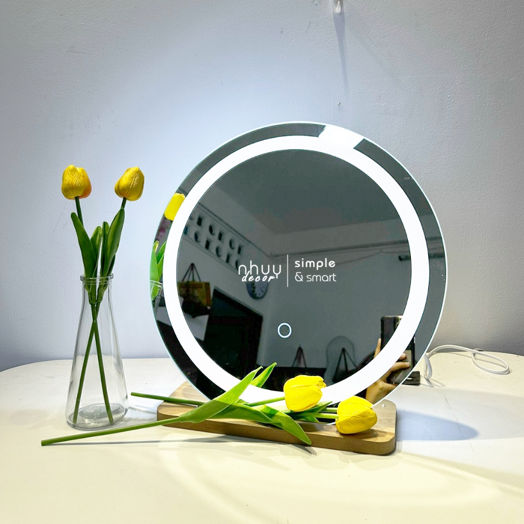 Gương tròn để bàn trang điểm cảm ứng led cao cấp NHU Y DECOR tặng đế gỗ để bàn