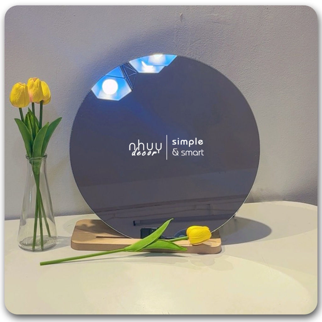 Gương tròn để bàn trang điểm cảm ứng led cao cấp NHU Y DECOR tặng đế gỗ để bàn