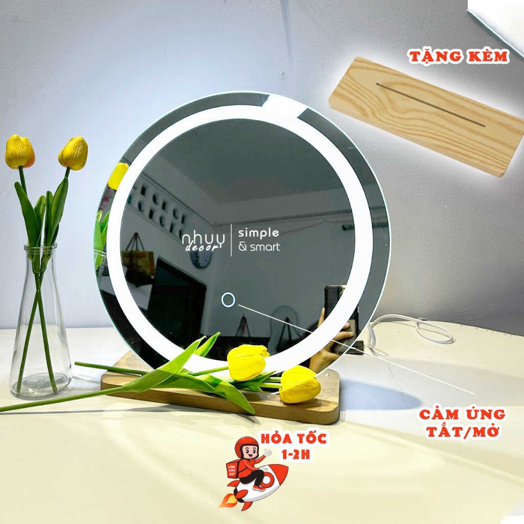 Gương tròn để bàn trang điểm cảm ứng led cao cấp NHU Y DECOR tặng đế gỗ để bàn