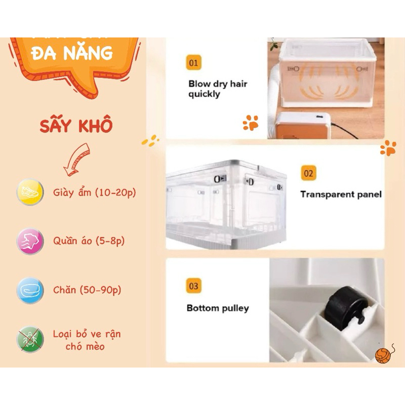 Combo máy sấy và hộp sấy lông chó mèo trong suốt đa năng tiện lợi