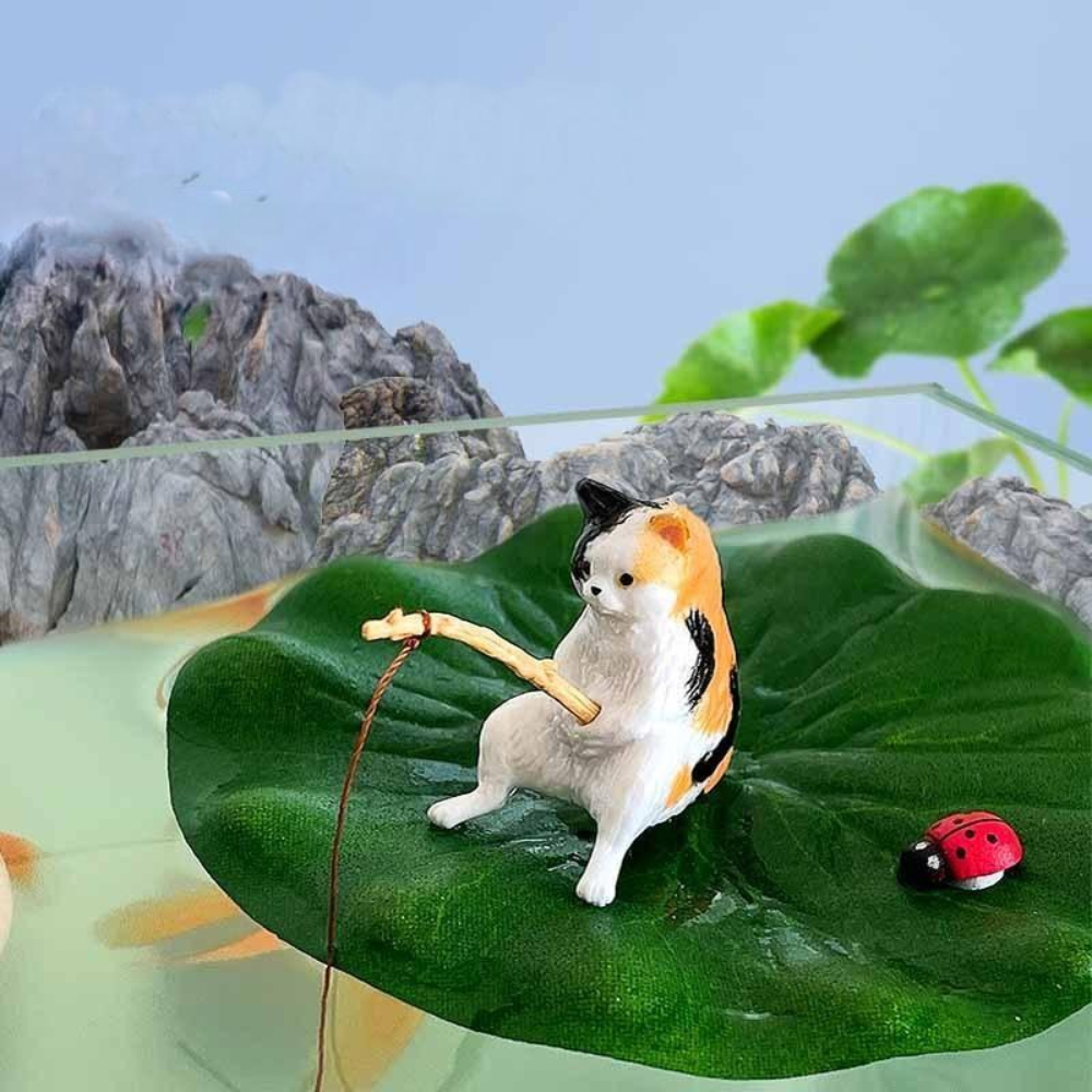 Mô hình trang trí bể cá thuỷ sinh mèo câu cá ông lão câu cá