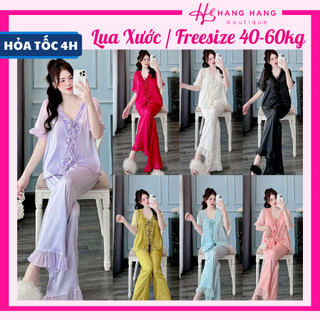 Đồ ngủ nữ 40-60kg, pijama dài cộc tay voan cột nơ cổ bèo ko nút lụa xước mềm 60CD10, đồ bộ nữ đồ mặc nhà tiểu thư trơn