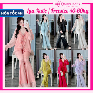 Đồ ngủ nữ 40-60kg, pijama dài tay voan cột nơ cổ bèo ko nút lụa xước mềm mát 60DD31, đồ bộ nữ đồ mặc nhà tiểu thư trơn