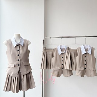 Set Áo Gile Cổ Phối Rời Mix Chân Váy Dáng Ngắn Xếp Ly Màu Be Tôn Dáng Sang Chảnh Đi Tiệc Chơi Đều Xinh