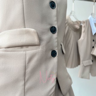 Set Áo Gile Cổ Phối Rời Mix Chân Váy Dáng Ngắn Xếp Ly Màu Be Tôn Dáng Sang Chảnh Đi Tiệc Chơi Đều Xinh