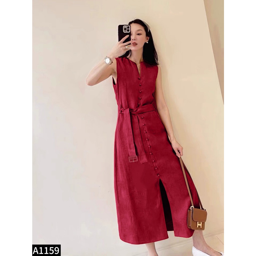 Đầm sát nách linen phối cúc bọc kèm belt 4 màu