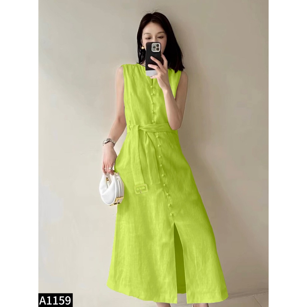 Đầm sát nách linen phối cúc bọc kèm belt 4 màu