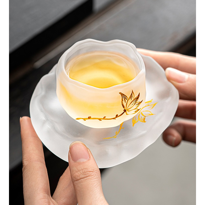 Bộ Ly, Chén Thủy Tinh Băng Tâm Kèm Đĩa Lót Dùng Thưởng Trà Phong Cách Nhật Bản Dung Tích 50 Ml