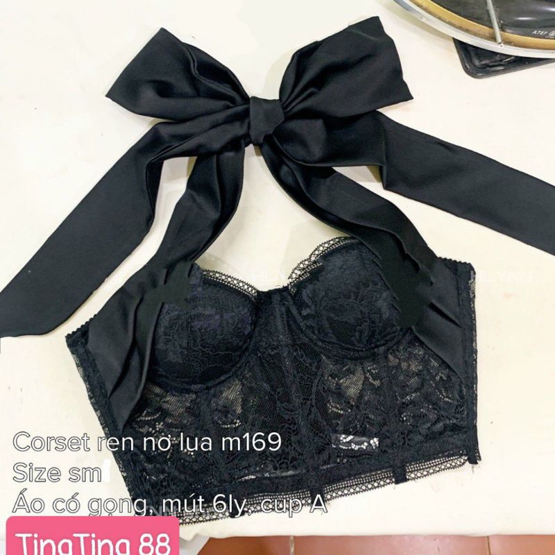 Áo corset ren phối lụa buộc dây có mút ngực mặc được nhiều kiểu