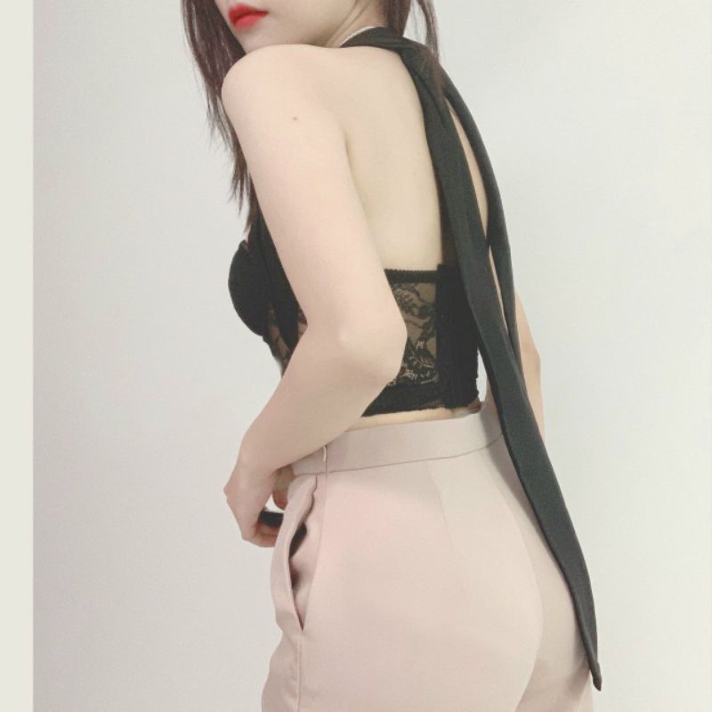 Áo corset ren phối lụa buộc dây có mút ngực mặc được nhiều kiểu