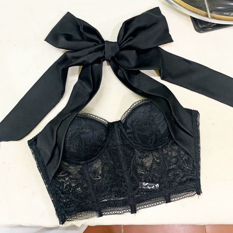 Áo corset ren phối lụa buộc dây có mút ngực mặc được nhiều kiểu