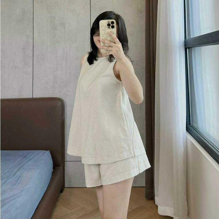 Set bộ đồ nữ linen xẻ lưng cúc bọc mềm mại, bộ đùi áo sát nách đi chơi đi biển thời trang H Store