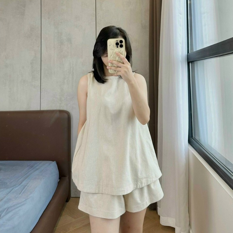 Set bộ đồ nữ linen xẻ lưng cúc bọc mềm mại, bộ đùi áo sát nách đi chơi đi biển thời trang H Store