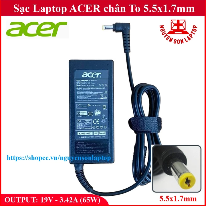 [SẠC ZIN] Sạc Laptop ACER 19V 3.42A (65W) chân To 5.5x1.7mm - đường kính đầu sạc 5.5mm - Bảo hành 12 tháng
