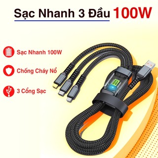 Cáp Sạc Nhanh 3 Đầu,  Dây Sạc Tự Ngắt Bọc Dù 100W Tích Hợp 3 Cổng Micro, Usb, Type C 3 In 1 MÃ: 996