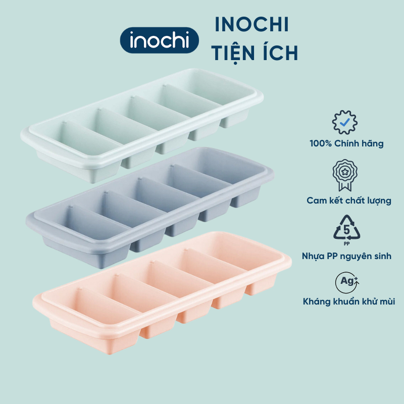 Khay đá 5 viên Kari Inochi có nắp đậy kèm hộp/ko hộp làm đá, làm thạch kháng khuẩn dành cho tủ lạnh