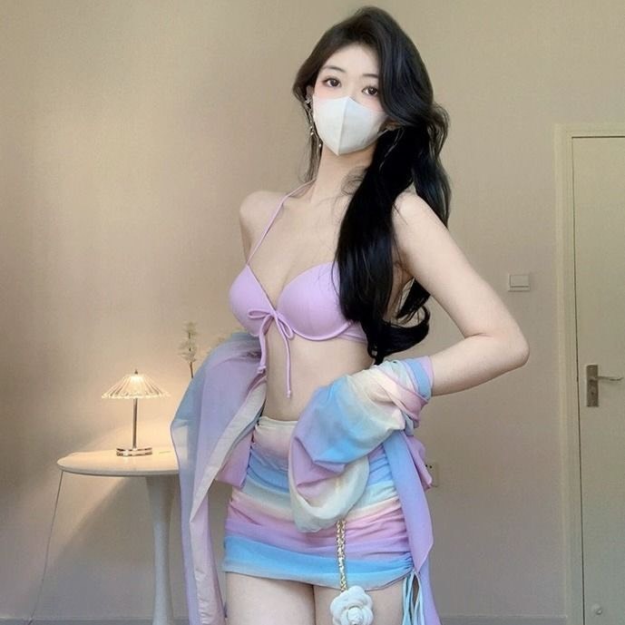 Set bộ đồ bơi bikini 4 chi tiết đi biển đi bơi màu sắc cầu vòng ôm body gợi cảm hàng QCCC BKN22