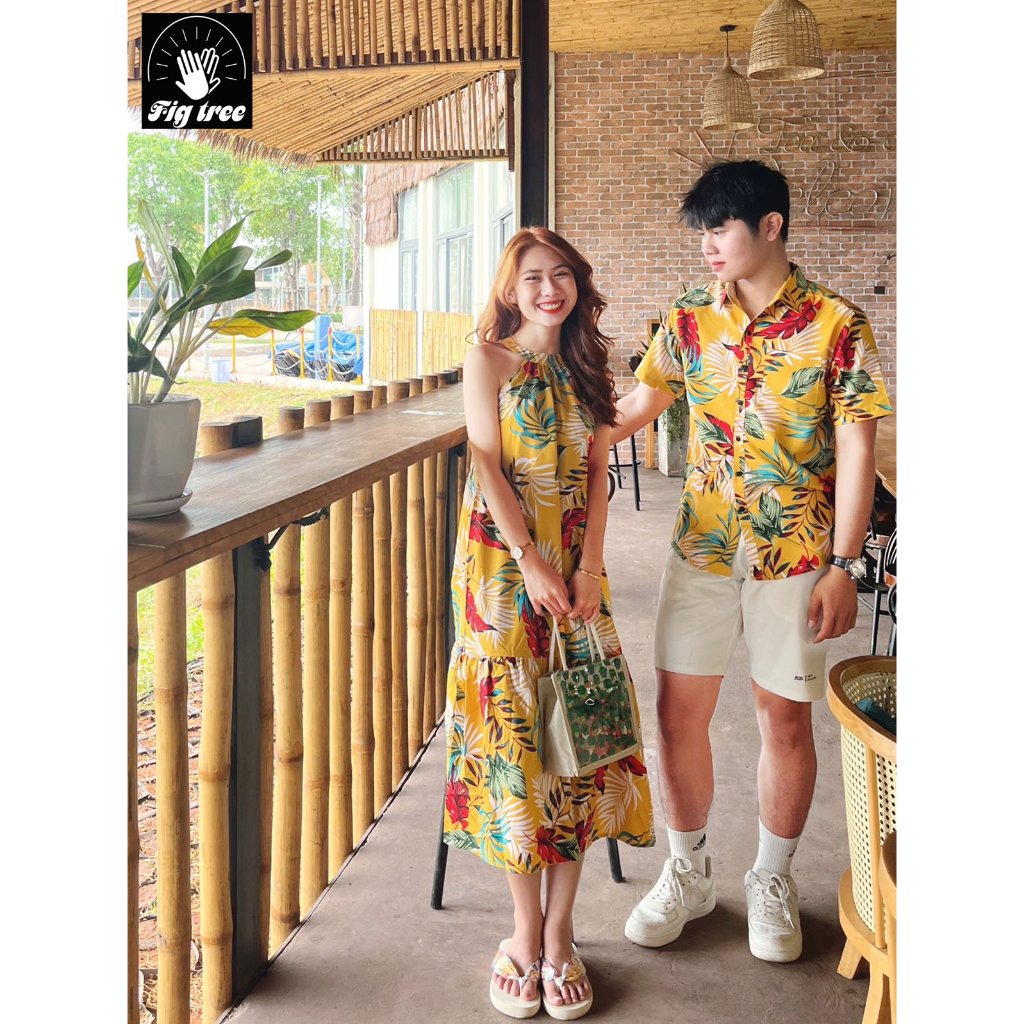 Sơ Mi Váy Đôi FIG TREE Họa Tiết Chiếc Lá Vàng Rực Rỡ Du Lịch (ms 182)