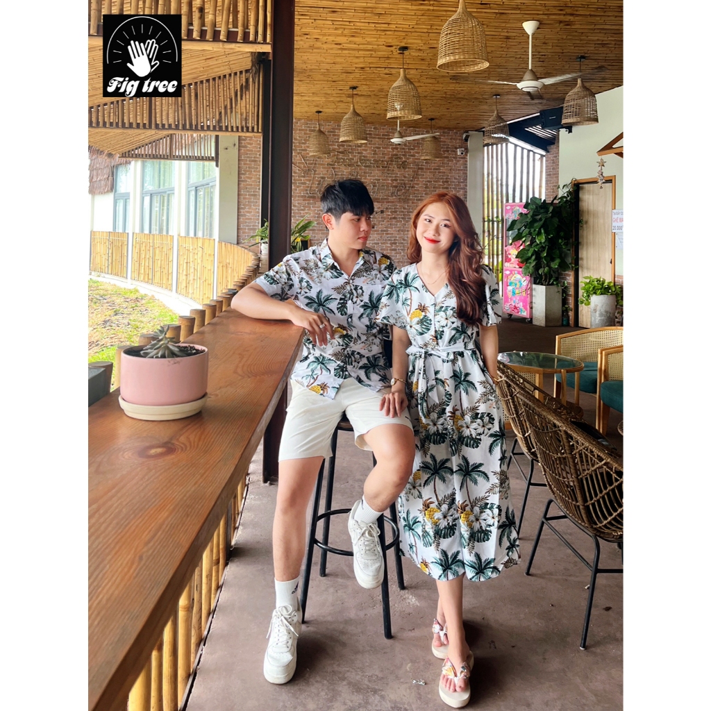 Set Sơ Mi Váy Đôi Fig Tree Họa Tiết Cây Dừa Đi Chơi, Du Lịch Cực Chill ( Hàng thiết kế Mã 181)