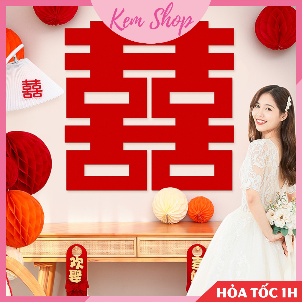 Chữ hỷ vuông vải nỉ dạ phong cách Trung Hoa trang trí đám cưới, chụp ảnh cưới - Kem Shop K351