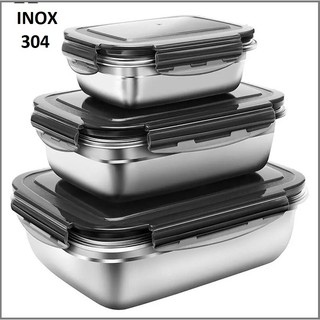 Bộ 3 Hộp INOX SUS 304 Nắp Cài KÍN CHỐNG RÒ RỈ Bảo Quản THỰC PHẨM TƯƠI NGON TRONG TỦ LẠNH (có lẻ)