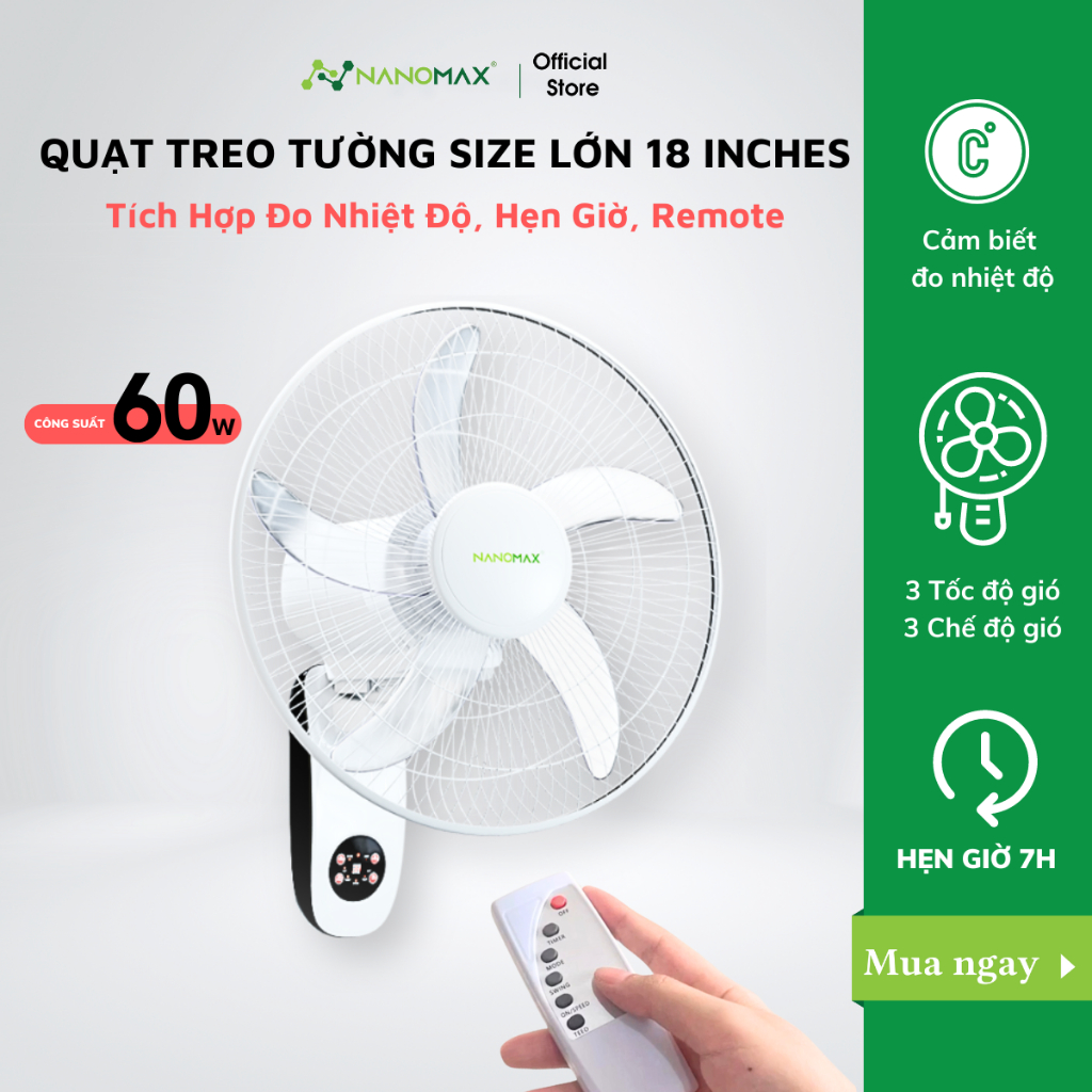 Ảnh Quạt Treo Tường NANOMAX QN-06 Size Lớn 18 Inches Điều Khiển Từ Xa, Đo Nhiệt Độ Bên Trong Máy 1
