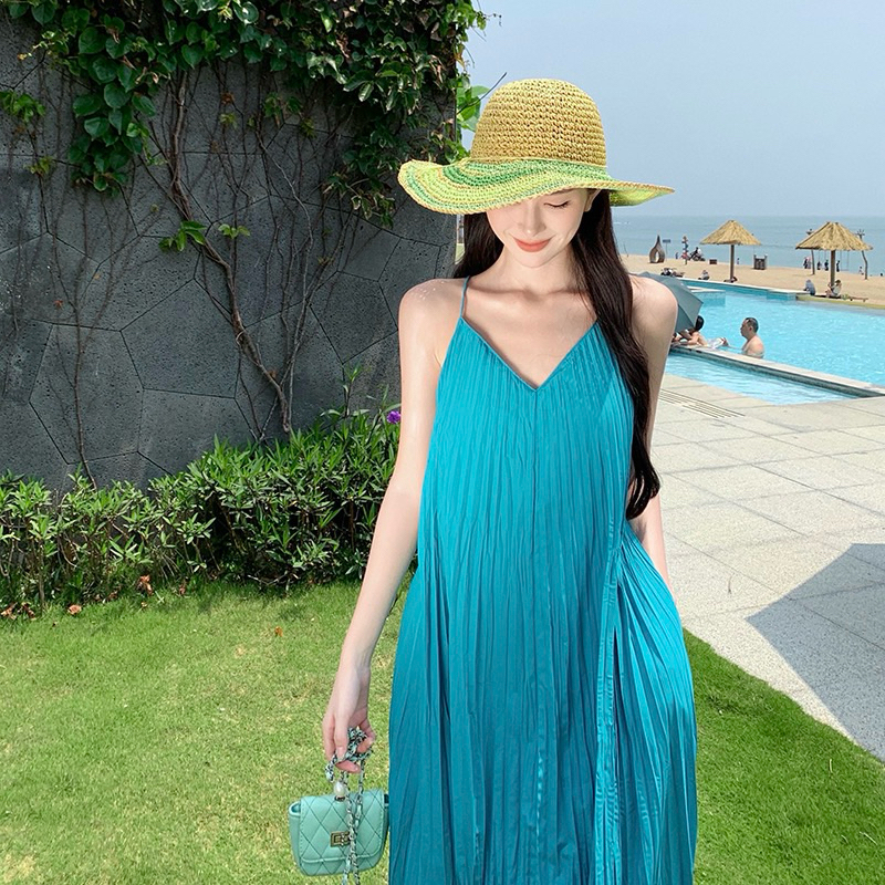 Váy maxi đi biển dập li xanh Bon | Shopee Việt Nam