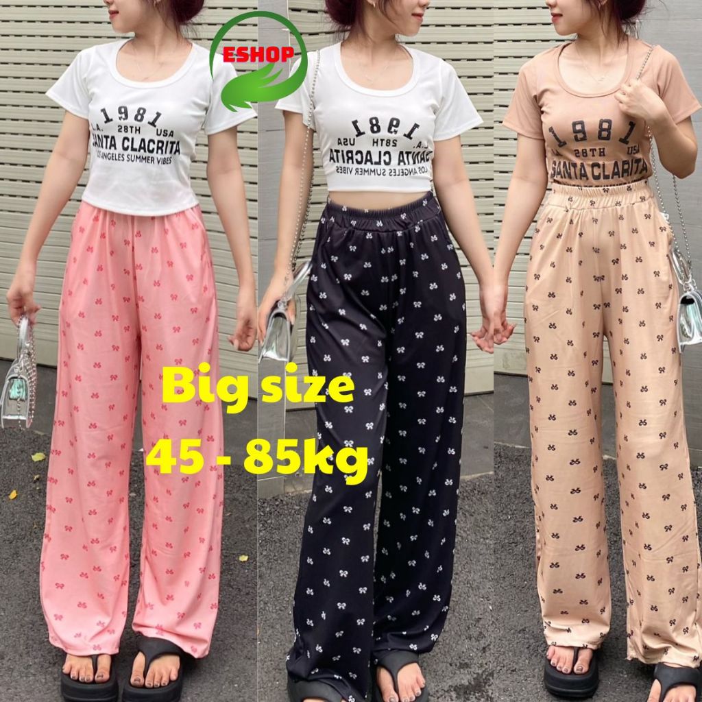 Quần Suông Ống Rộng Chât Tăm Hàn Lạnh In Nơ ESHOP Quần Ống Rộng Cạp Chun Cao Có Túi Co Giãn Mặc Hè
