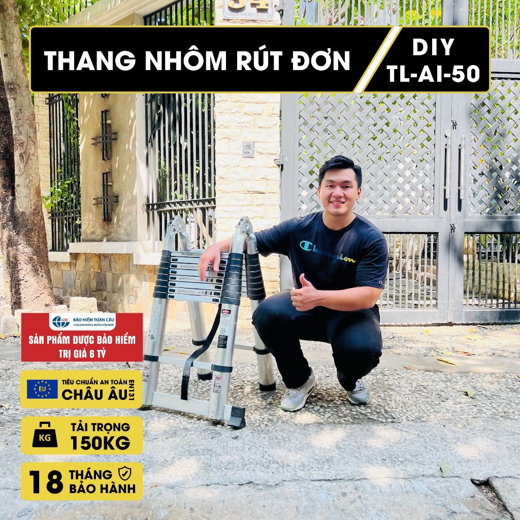 Thang nhôm rút đôi nhập khẩu DIY TL-AI-50 chiều cao tối da chữ A  2.4m, chữ I 5.0m, tải trọng 150kg