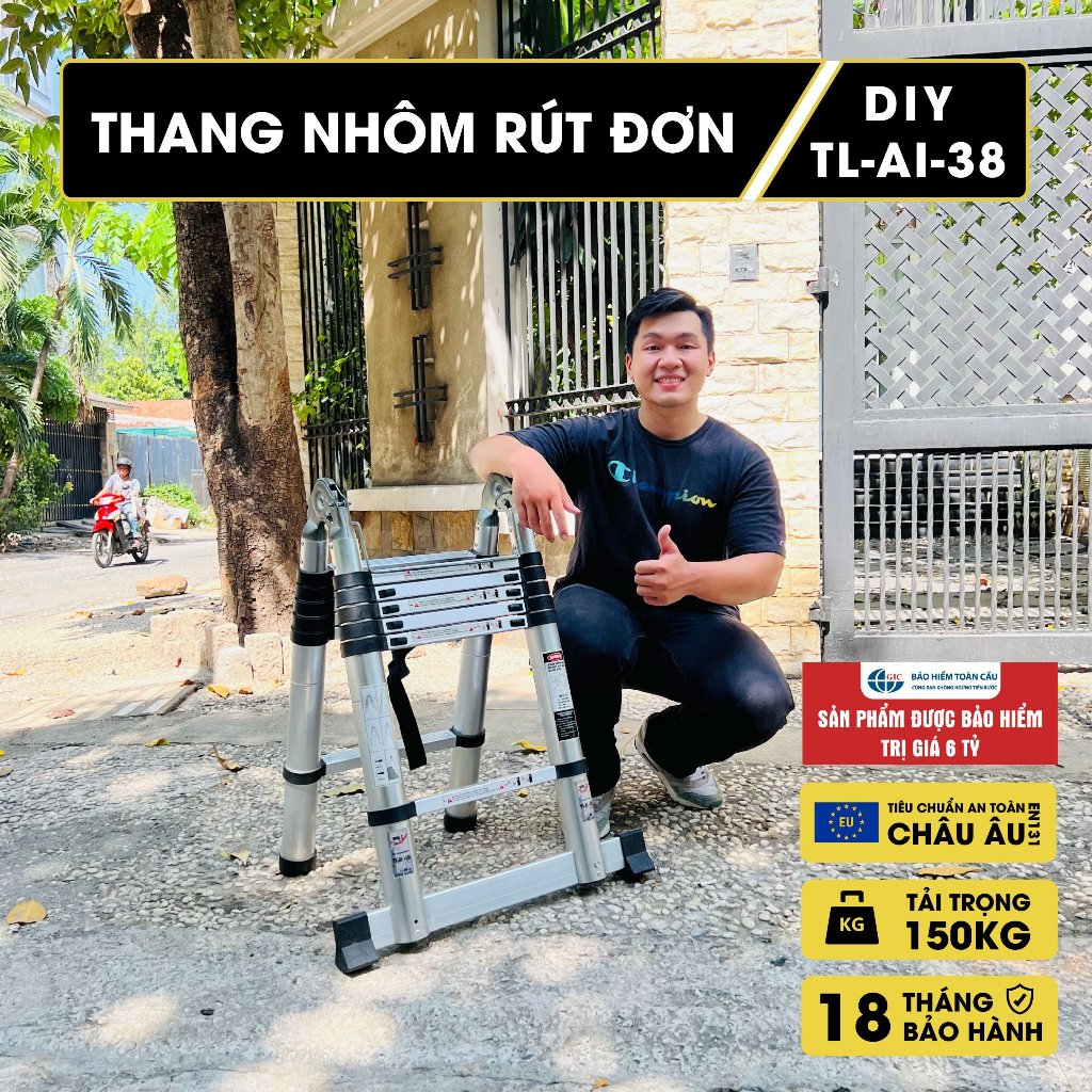 [Mã BMLTB200 giảm đến 100K đơn 499K] Thang nhôm rút đôi DIY TL-AI-38 chiều cao chữ A 1.8m chữ I 3.8m, tải trọng 150kg
