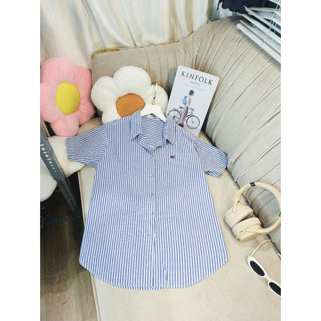 Áo Sơ Mi Nữ Kẻ Sọc Tay Ngắn Thêu Hình Xinh Xắn Chất Liệu Cotton Đũi Mềm Nhẹ Mát, Sơ Mi Công Sở Nữ Freesize Form Rộng Vừa