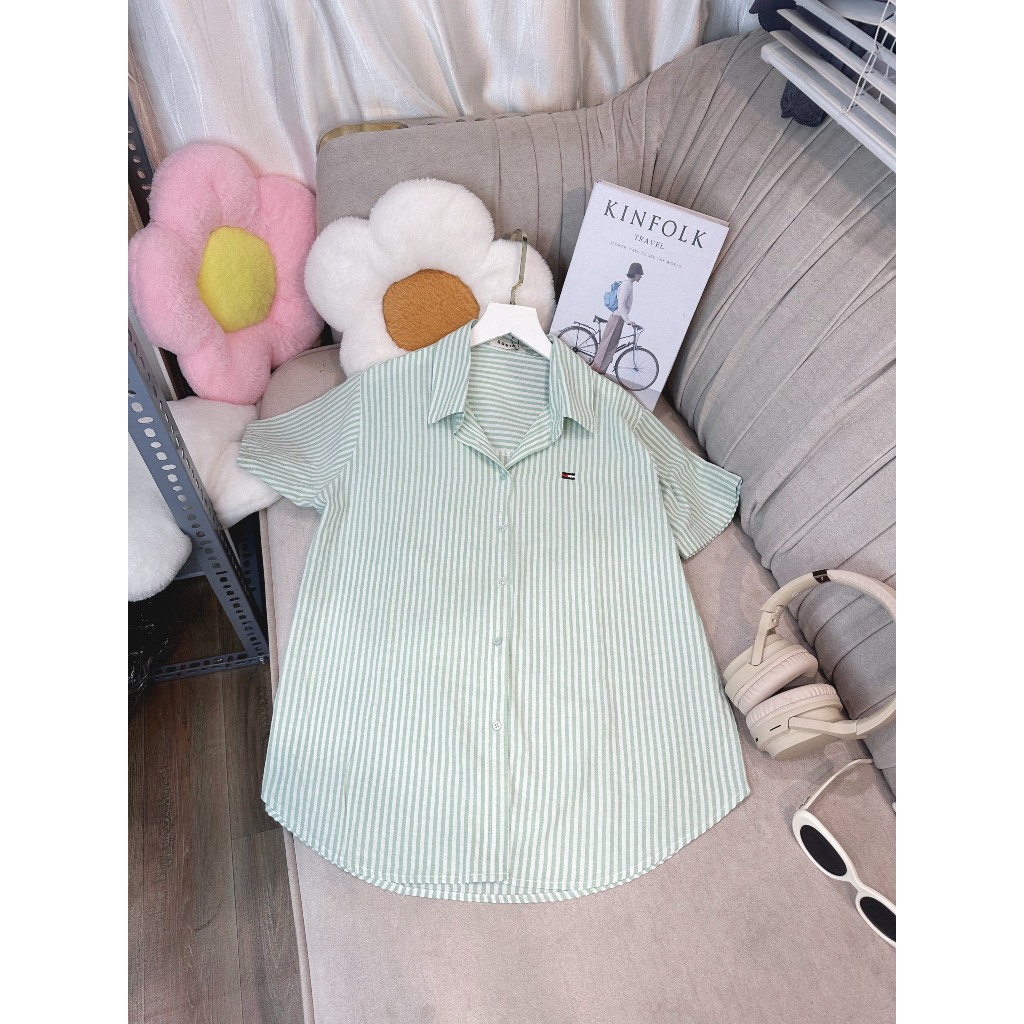 Áo Sơ Mi Nữ Kẻ Sọc Tay Ngắn Thêu Hình Xinh Xắn Chất Liệu Cotton Đũi Mềm Nhẹ Mát, Sơ Mi Công Sở Nữ Freesize Form Rộng Vừa
