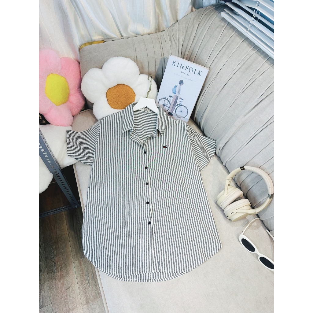 Áo Sơ Mi Nữ Kẻ Sọc Tay Ngắn Thêu Hình Xinh Xắn Chất Liệu Cotton Đũi Mềm Nhẹ Mát, Sơ Mi Công Sở Nữ Freesize Form Rộng Vừa
