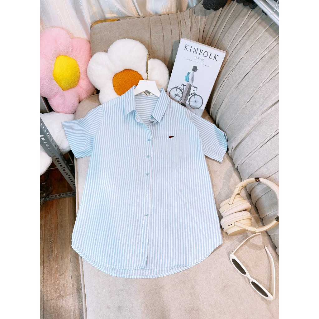Áo Sơ Mi Nữ Kẻ Sọc Tay Ngắn Thêu Hình Xinh Xắn Chất Liệu Cotton Đũi Mềm Nhẹ Mát, Sơ Mi Công Sở Nữ Freesize Form Rộng Vừa