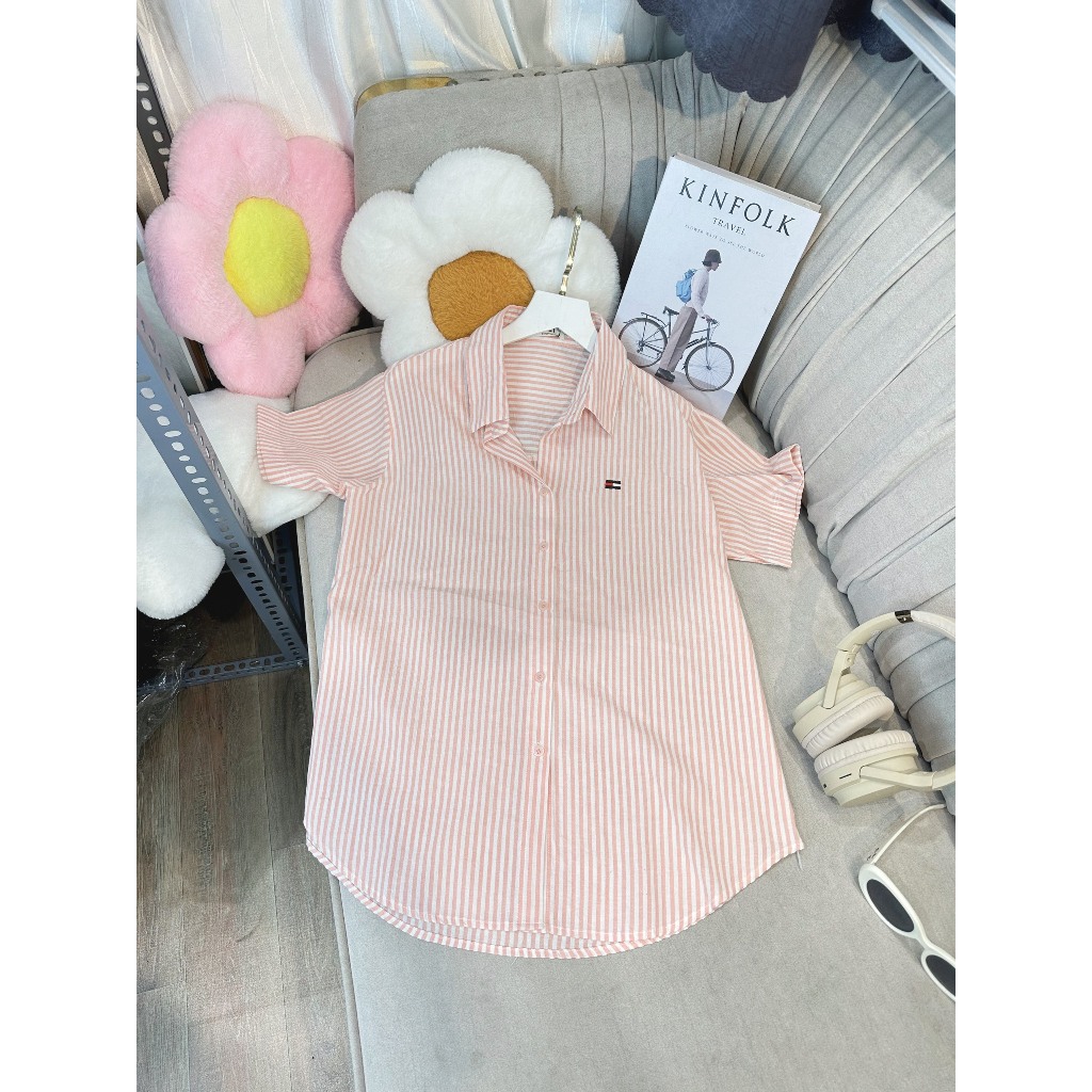 Áo Sơ Mi Nữ Kẻ Sọc Tay Ngắn Thêu Hình Xinh Xắn Chất Liệu Cotton Đũi Mềm Nhẹ Mát, Sơ Mi Công Sở Nữ Freesize Form Rộng Vừa