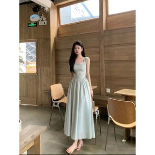 Đầm Nữ Xòe Dài Cổ Vuông Chiết Eo Bo Chun Màu Xanh Pastel Tiểu Thư Ngọt Ngào Và Nhẹ Nhàng