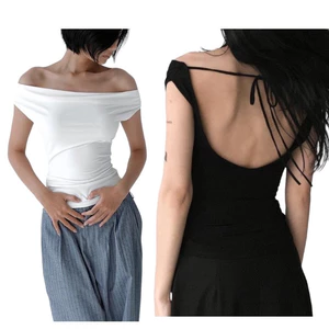Áo thun hở lưng cột dây tay ngắn chất thun mềm co giãn ôm body Style Âu Mỹ