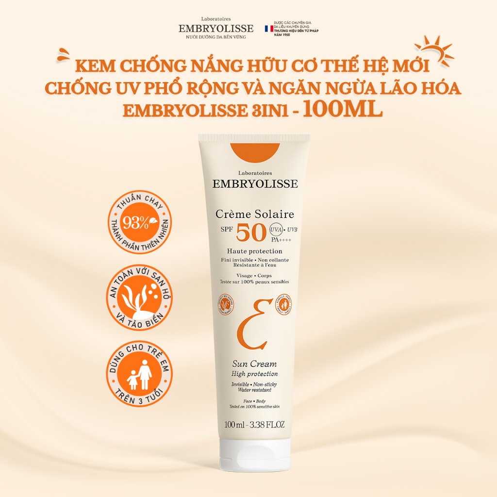 Ảnh Kem Chống Nắng Hữu Cơ Thế Hệ Mới - Chống UV Phổ Rộng Và Ngăn Ngừa Lão Hóa Embryolisse Dành Cho Da Khô, Nhạy Cảm 100ml 2